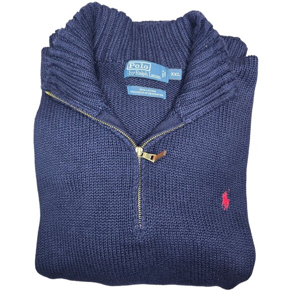Polo Ralph Lauren Navy 1/4 Zip Pullover Sweater XXL Cotton Mens Ribbed Knit - Picture 1 of 8